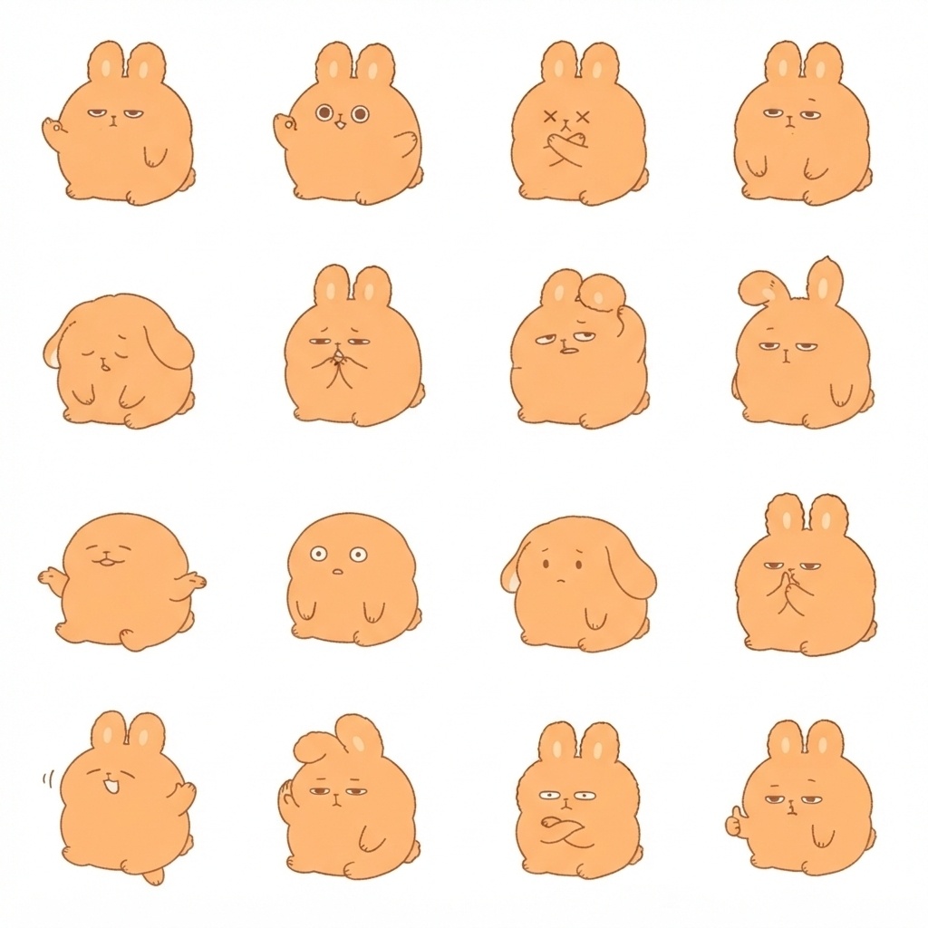 まんまるもふもふうさぎのリアクション日常ポーズ 絵文字素材（16種）