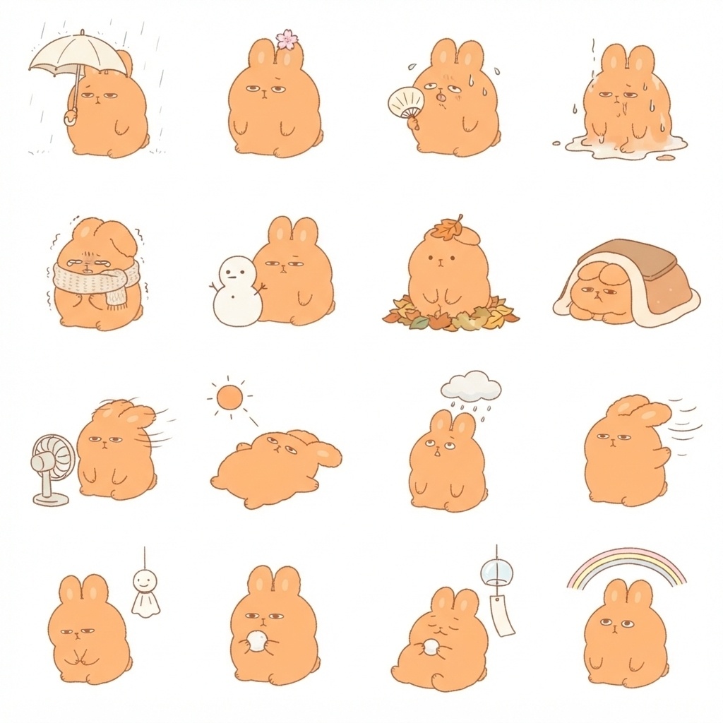 まんまるもふもふうさぎの季節・天気日常ポーズ 絵文字・イラスト素材（16種グリッド）