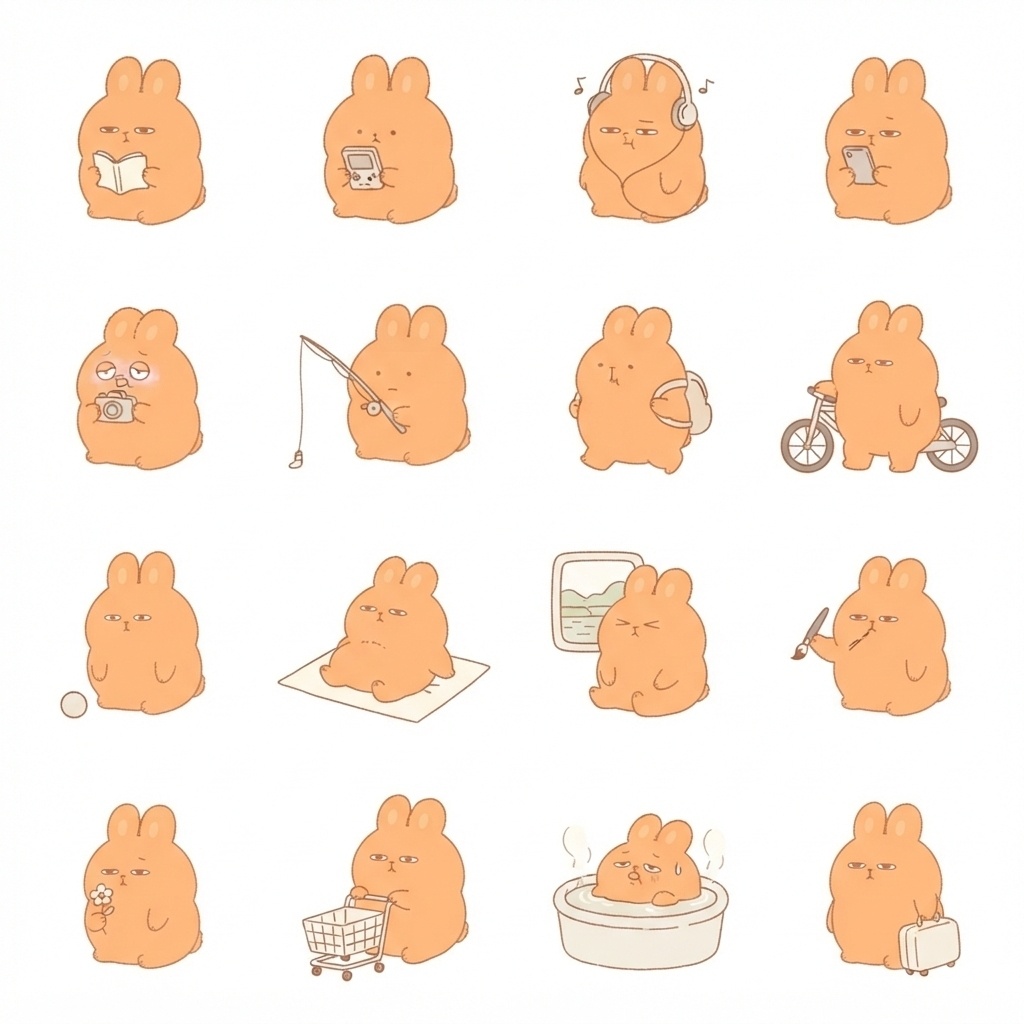 まんまるもふもふうさぎの趣味・お出かけ日常ポーズ 絵文字・イラスト素材（16種グリッド）
