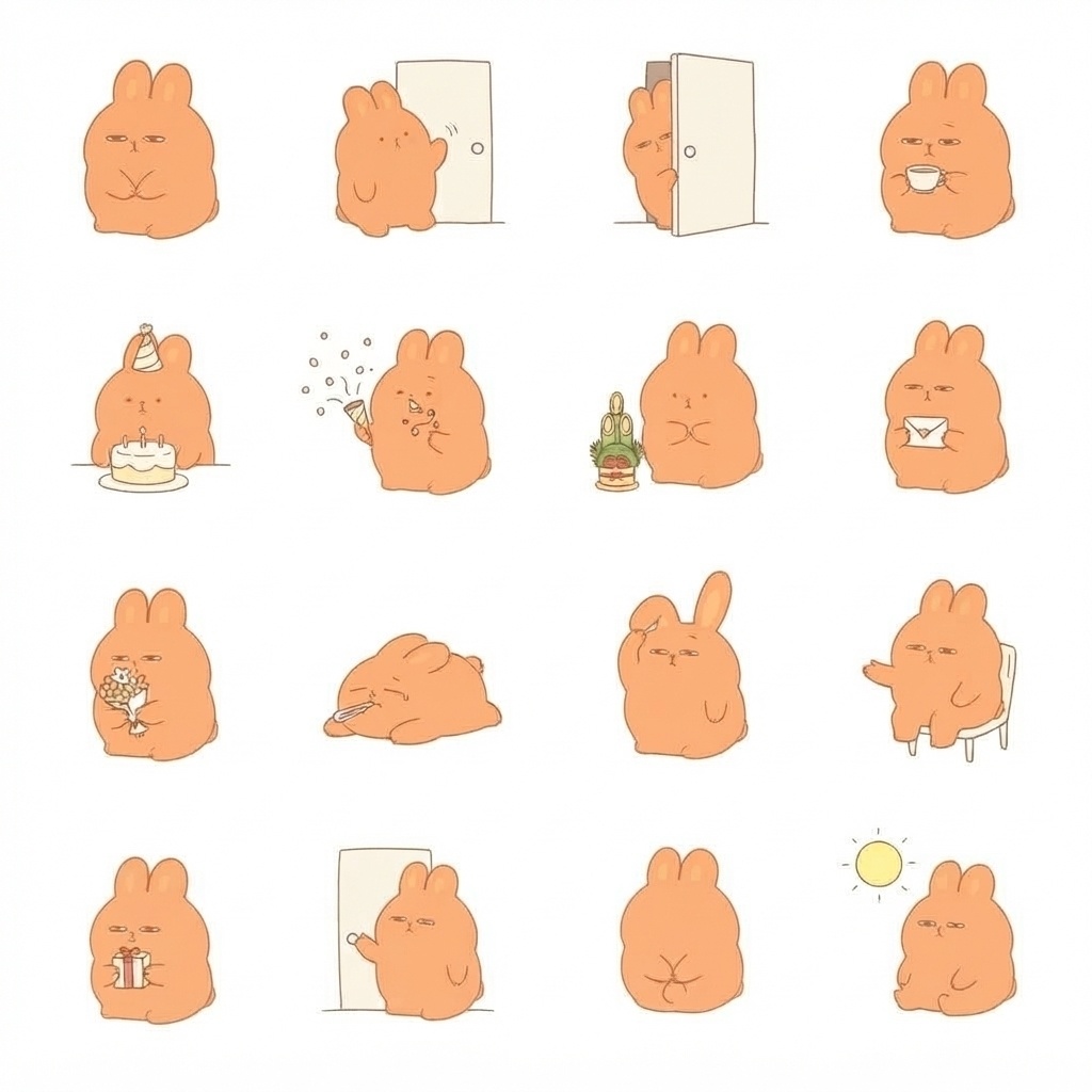まんまるもふもふうさぎの日常あいさつポーズ 絵文字・イラスト素材（16種グリッド）