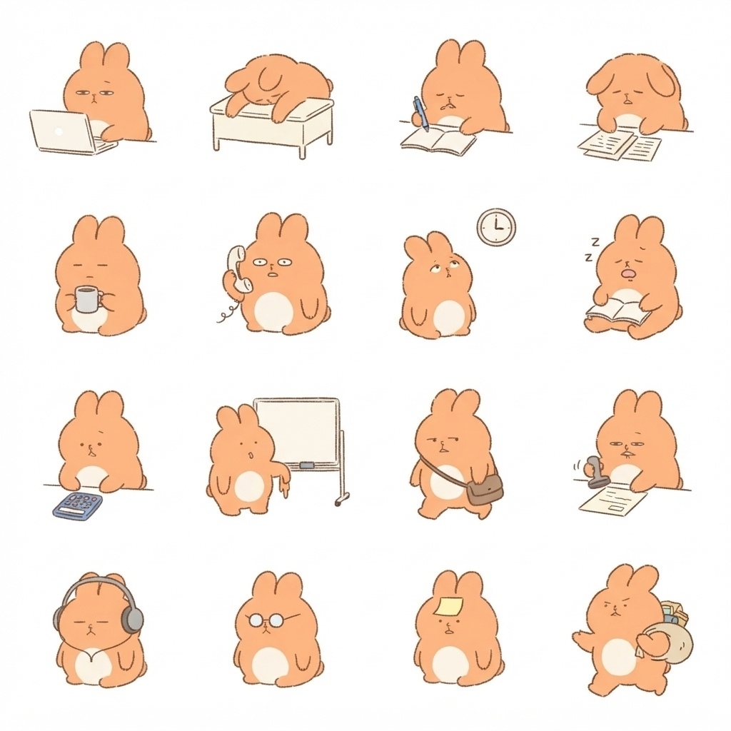 まんまるもふもふうさぎの仕事・勉強中ポーズ 絵文字・イラスト素材（16種グリッド）