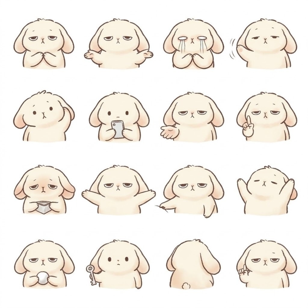 まんまるもふもふうさぎのお願い・お誘い日常ポーズ 絵文字・イラスト素材（16種グリッド）
