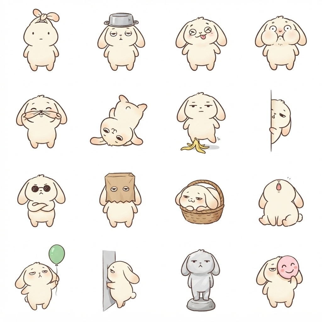 まんまるもふもふうさぎのボケ・いたずらゆるギャグポーズ 絵文字・イラスト素材（16種グリッド）
