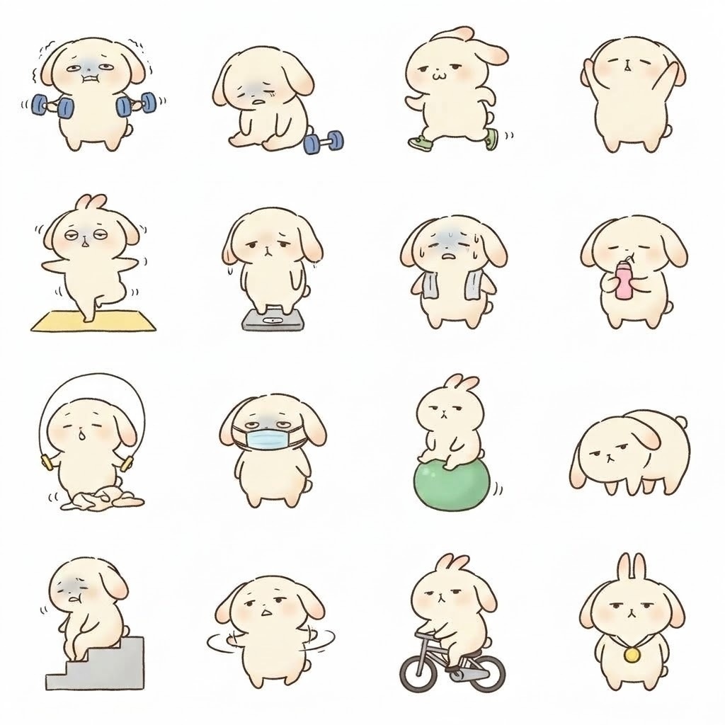 まんまるもふもふうさぎの運動・健康脱力ポーズ 絵文字・イラスト素材（16種グリッド）