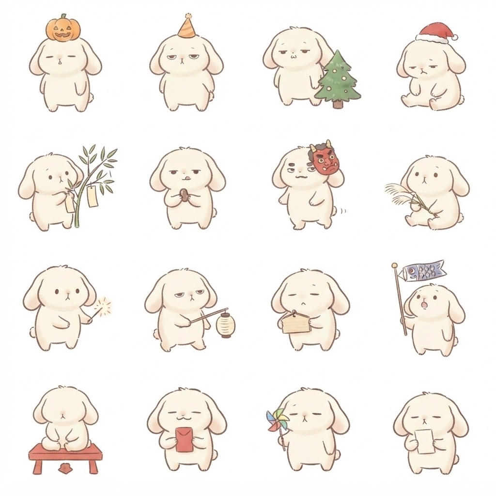 まんまるもふもふうさぎの行事・イベント脱力ポーズ 絵文字・イラスト素材（16種グリッド）