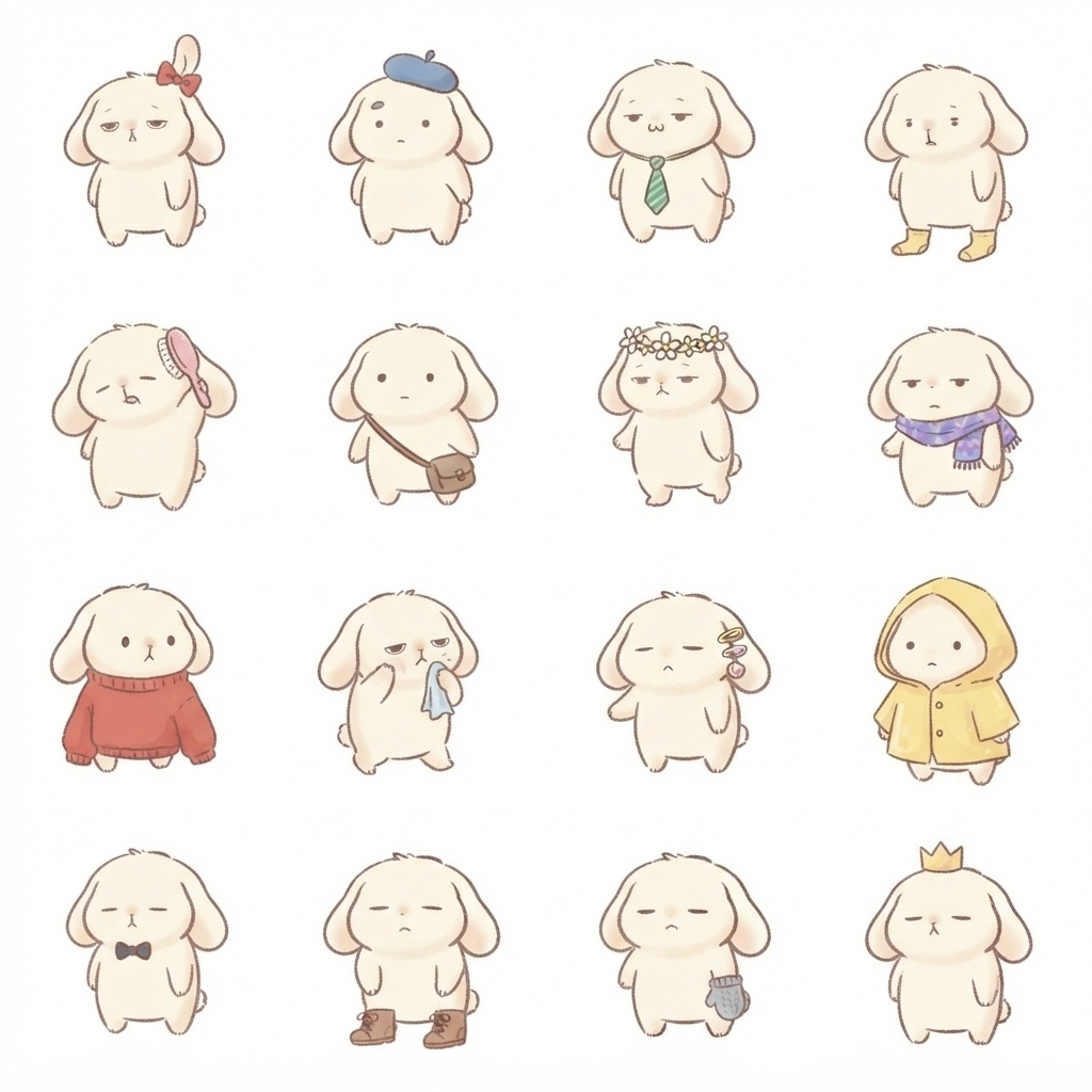 まんまるもふもふうさぎのおしゃれ・身だしなみポーズ 絵文字・イラスト素材（16種グリッド）