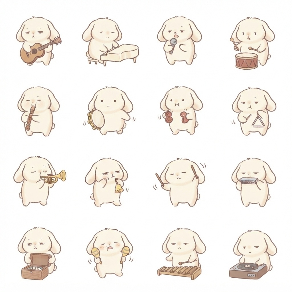 まんまるもふもふうさぎの音楽・楽器脱力ポーズ 絵文字・イラスト素材（16種グリッド）