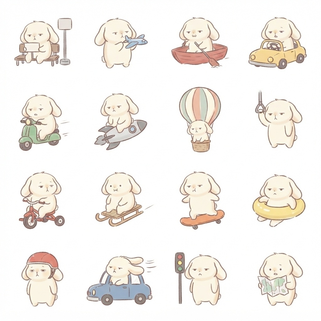 まんまるもふもふうさぎの乗り物・移動脱力ポーズ 絵文字・イラスト素材（16種グリッド）