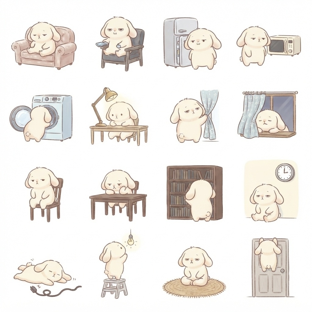 まんまるもふもふうさぎのおうち・家具家電脱力ポーズ 絵文字・イラスト素材（16種グリッド）