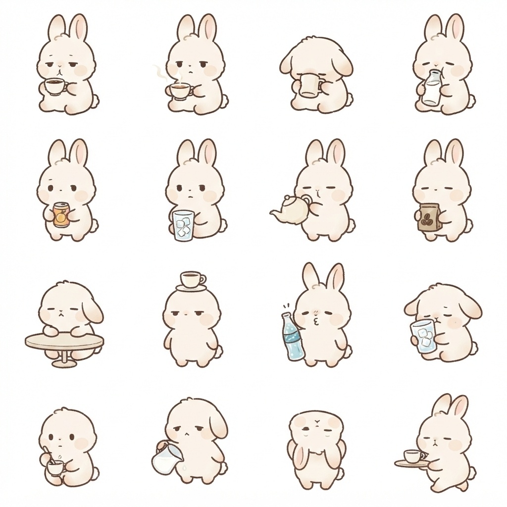 まんまるもふもふうさぎのカフェ・ドリンク脱力ポーズ 絵文字・イラスト素材（16種グリッド）