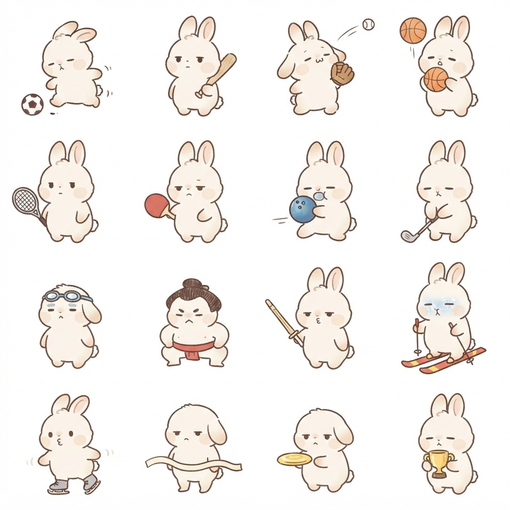 まんまるもふもふうさぎのスポーツ・球技脱力ポーズ 絵文字・イラスト素材（16種グリッド）
