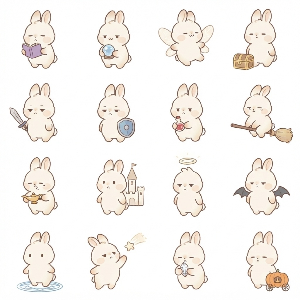 まんまるもふもふうさぎのファンタジー・おとぎ話脱力ポーズ 絵文字・イラスト素材（16種グリッド）