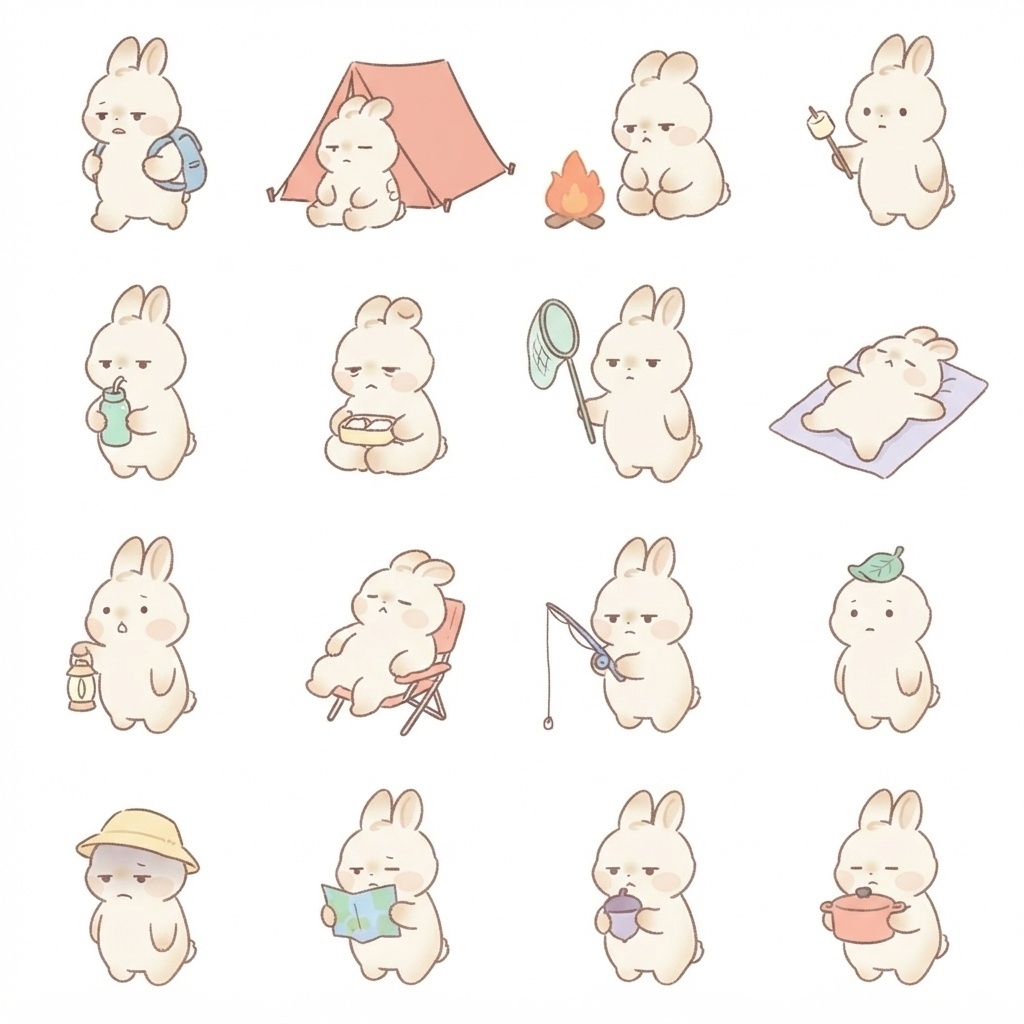 まんまるもふもふうさぎの遠足・キャンプ脱力ポーズ 絵文字・イラスト素材（16種グリッド）