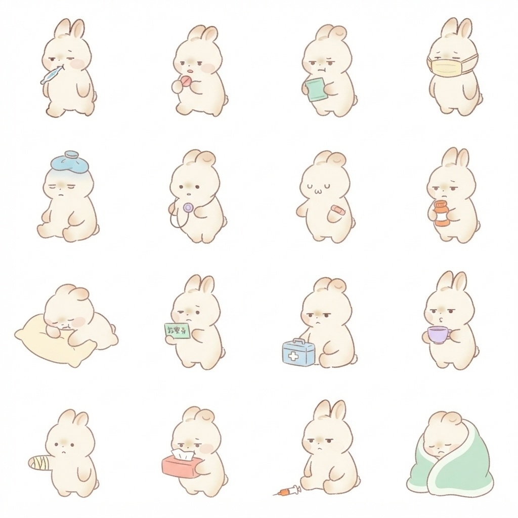 まんまるもふもふうさぎの病院・お薬脱力ポーズ 絵文字・イラスト素材(16種グリッド)