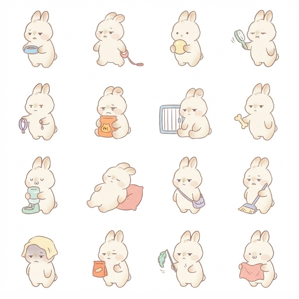 まんまるもふもふうさぎのペットお世話脱力ポーズ 絵文字・イラスト素材(16種グリッド)