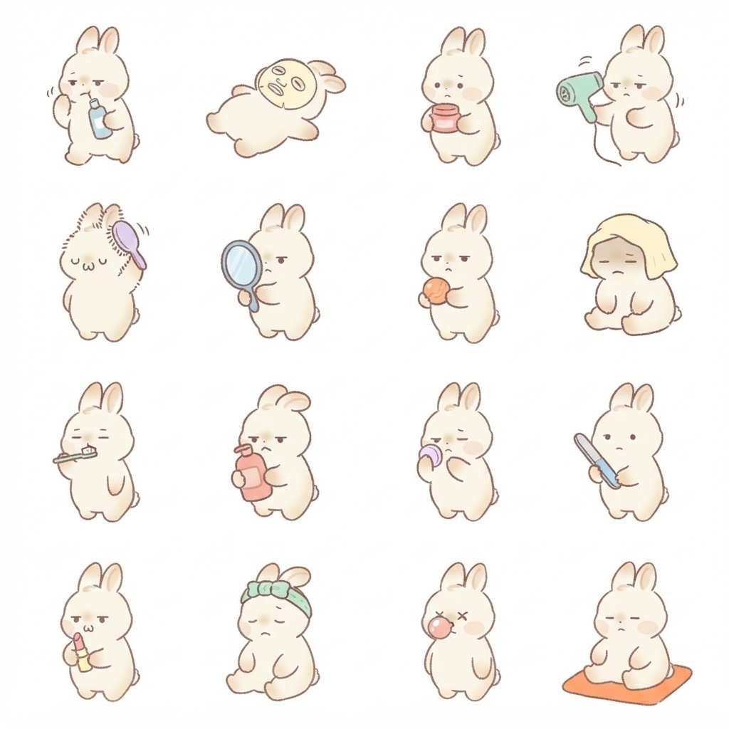 まんまるもふもふうさぎの美容・お手入れ脱力ポーズ 絵文字・イラスト素材（16種グリッド）