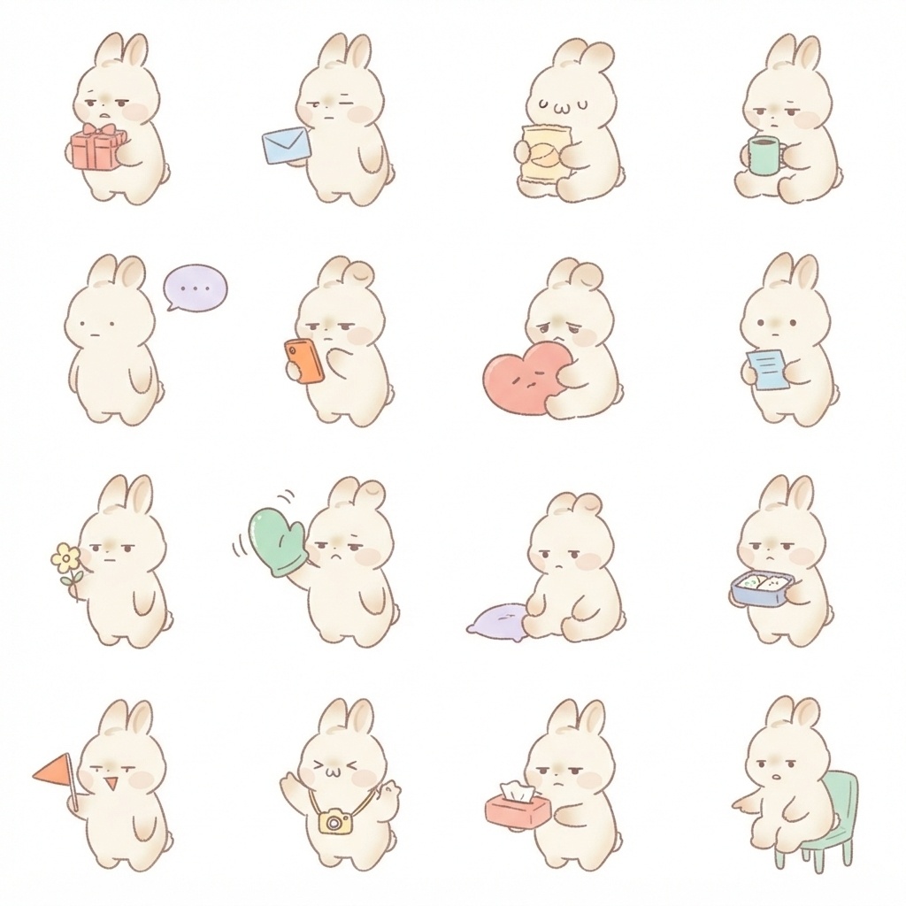まんまるもふもふうさぎの友だち・人づきあい脱力ポーズ 絵文字・イラスト素材（16種グリッド）