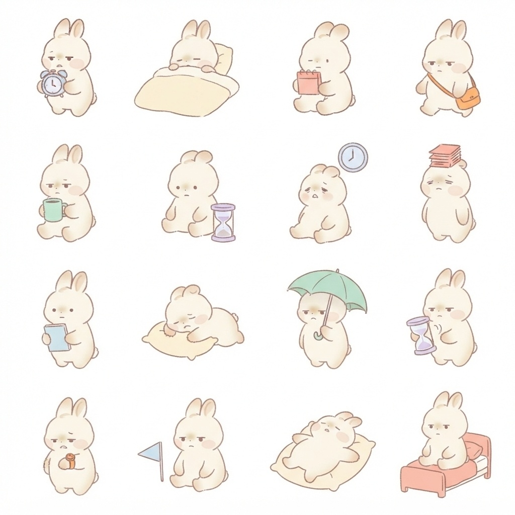 まんまるもふもふうさぎの時間・曜日あるある脱力ポーズ 絵文字・イラスト素材(16種グリッド)