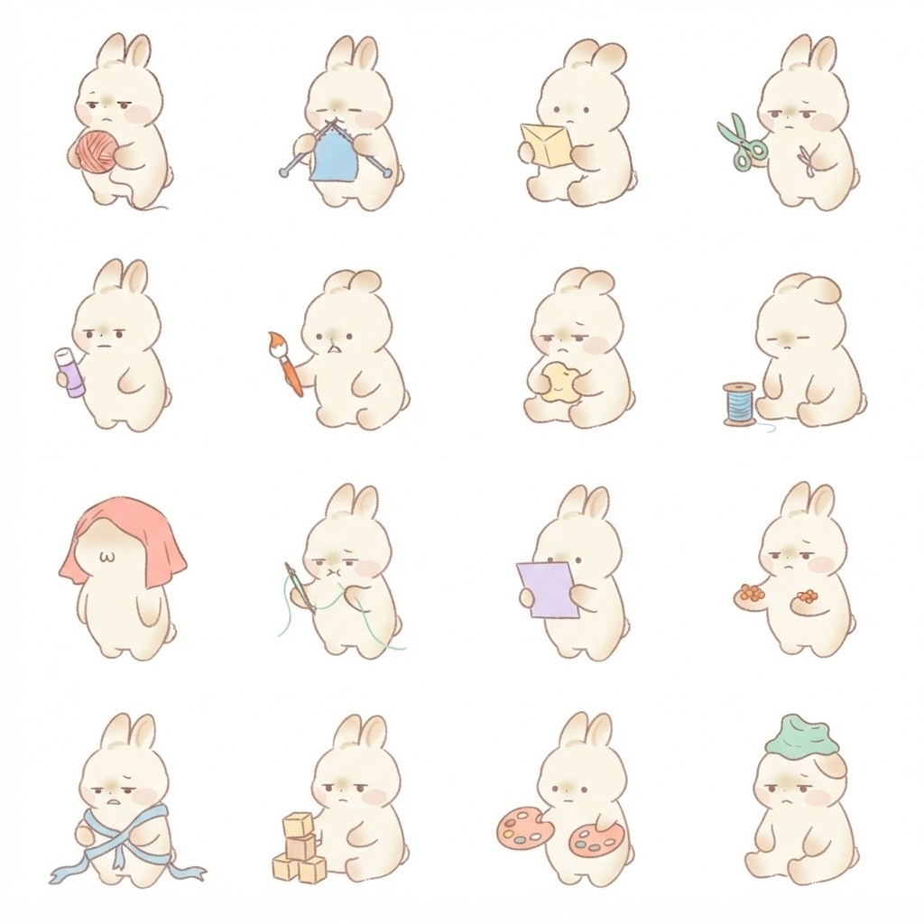 まんまるもふもふうさぎの工作・手芸ものづくり脱力ポーズ 絵文字・イラスト素材(16種グリッド)