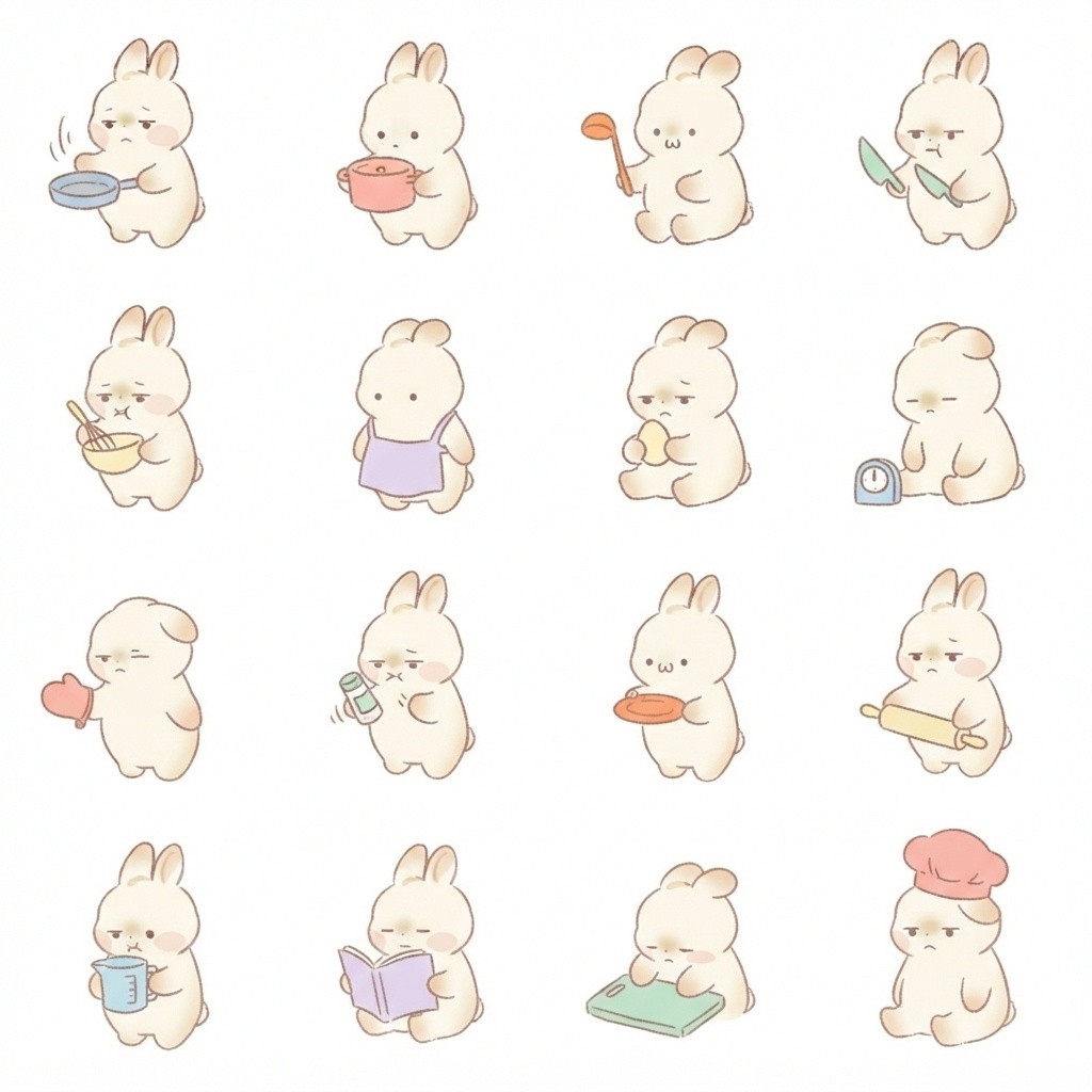まんまるもふもふうさぎの料理・キッチン脱力ポーズ 絵文字・イラスト素材（16種グリッド）