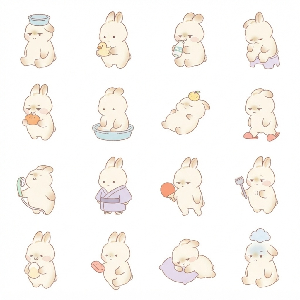 まんまるもふもふうさぎのお風呂・温泉脱力ポーズ 絵文字・イラスト素材（16種グリッド）