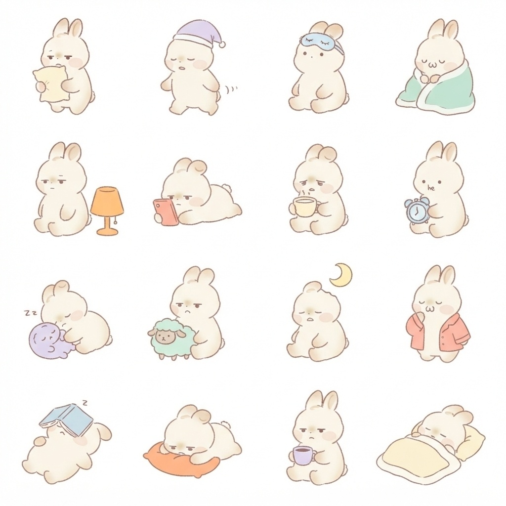 まんまるもふもふうさぎのおやすみ・夜ふかし脱力ポーズ 絵文字・イラスト素材（16種グリッド）