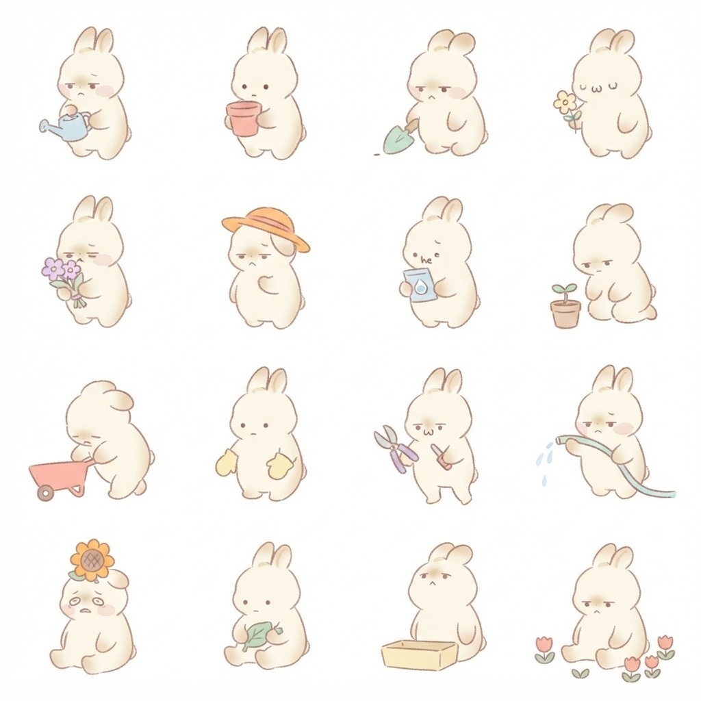 まんまるもふもふうさぎのガーデニング・お花脱力ポーズ 絵文字・イラスト素材（16種グリッド）