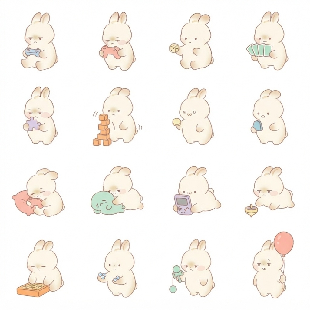 まんまるもふもふうさぎのゲーム・おうち遊び脱力ポーズ 絵文字・イラスト素材（16種グリッド）