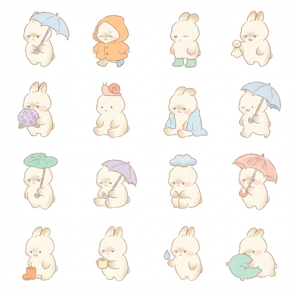 まんまるもふもふうさぎの雨の日・梅雨脱力ポーズ 絵文字・イラスト素材（16種グリッド）