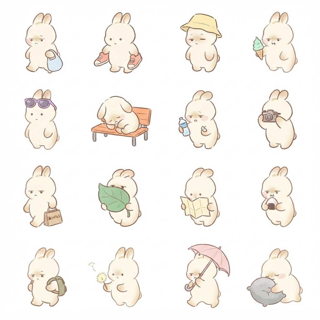 まんまるもふもふうさぎのおでかけ・おさんぽ脱力ポーズ 絵文字・イラスト素材（16種グリッド）