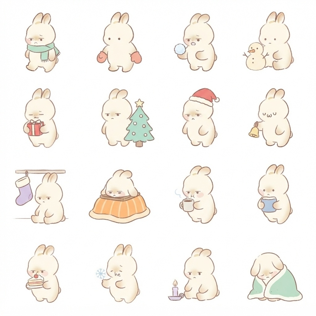 まんまるもふもふうさぎの冬・クリスマス脱力ポーズ 絵文字・イラスト素材（16種グリッド）