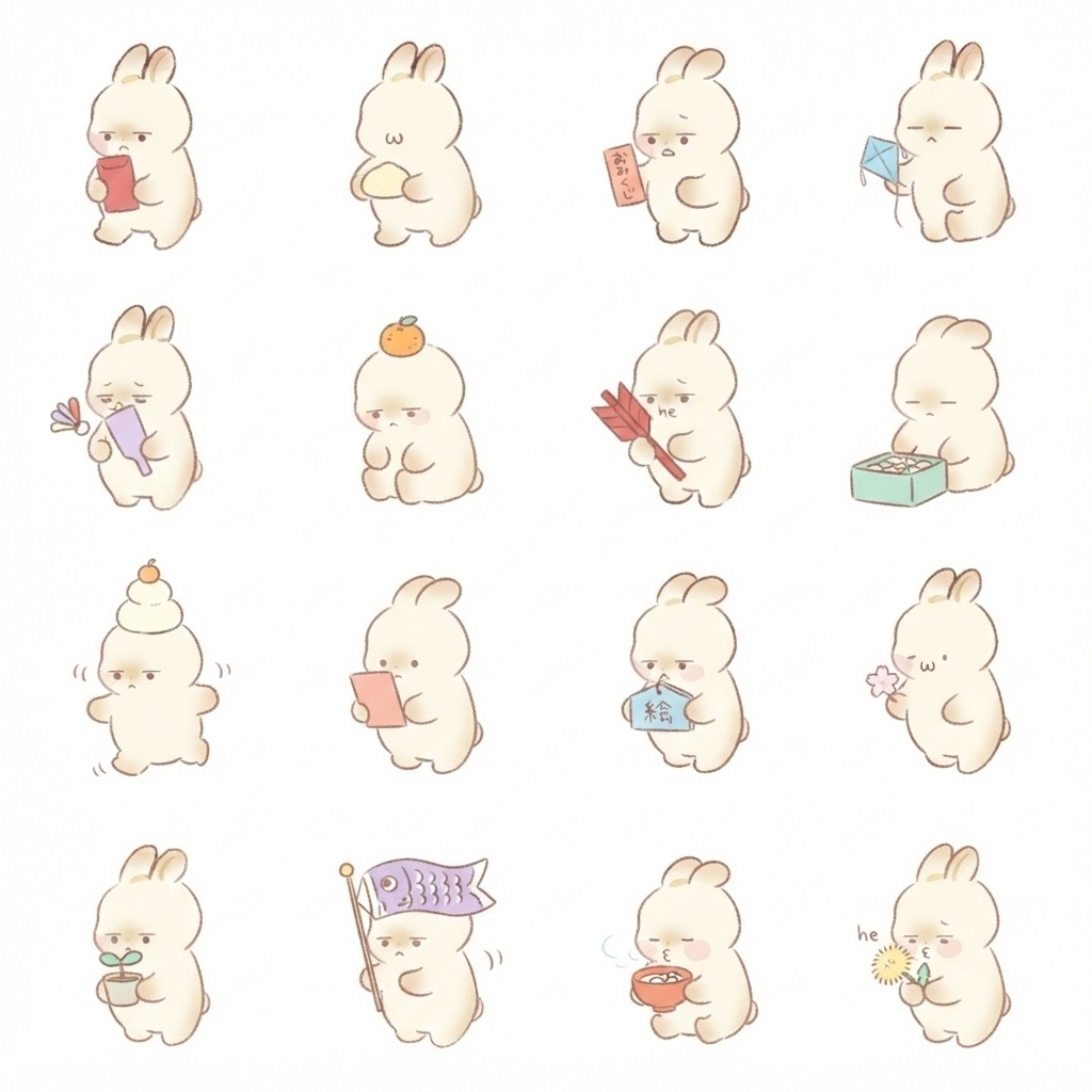 まんまるもふもふうさぎのお正月・春のはじまり脱力ポーズ 絵文字・イラスト素材（16種グリッド）