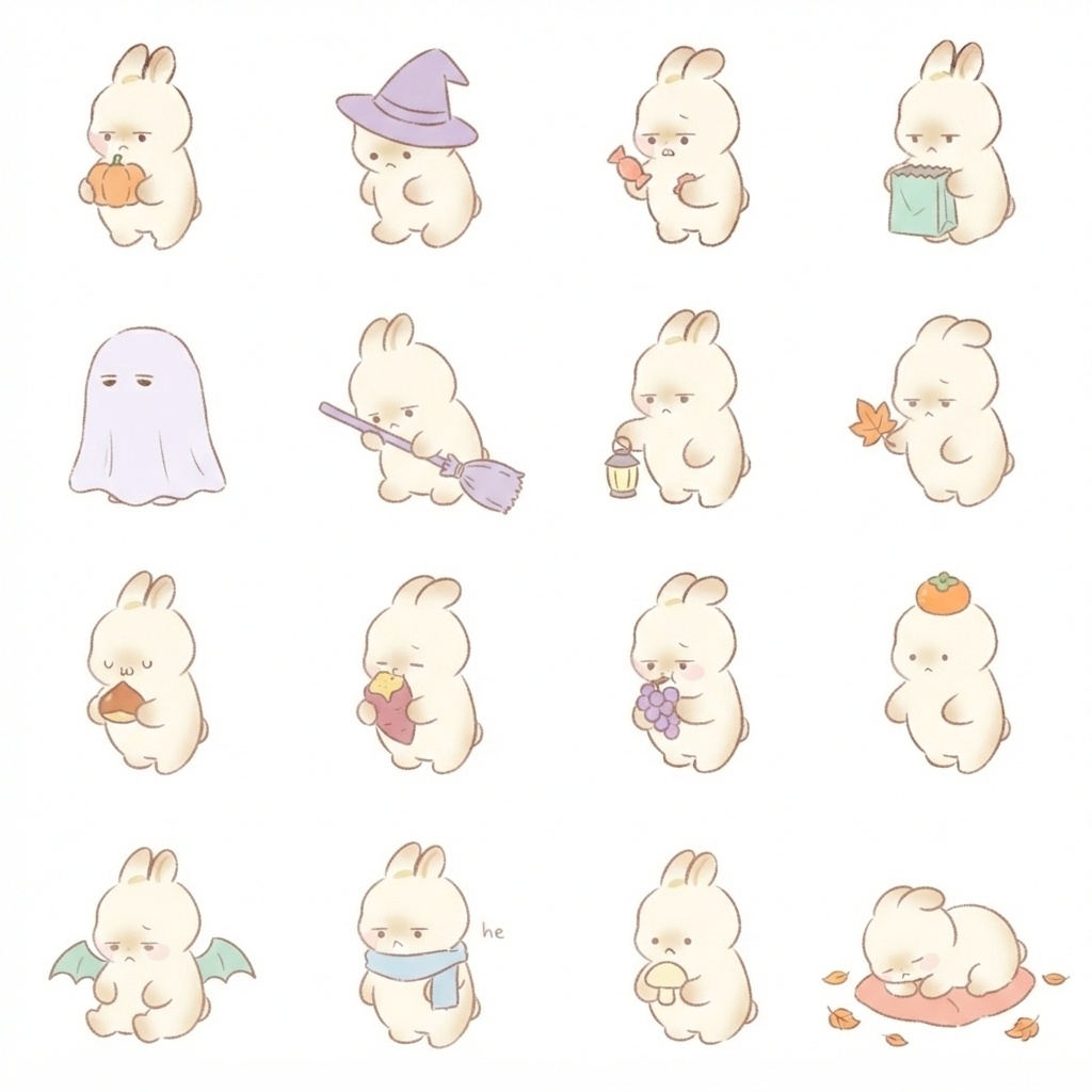 まんまるもふもふうさぎのハロウィン・秋脱力ポーズ 絵文字・イラスト素材（16種グリッド）
