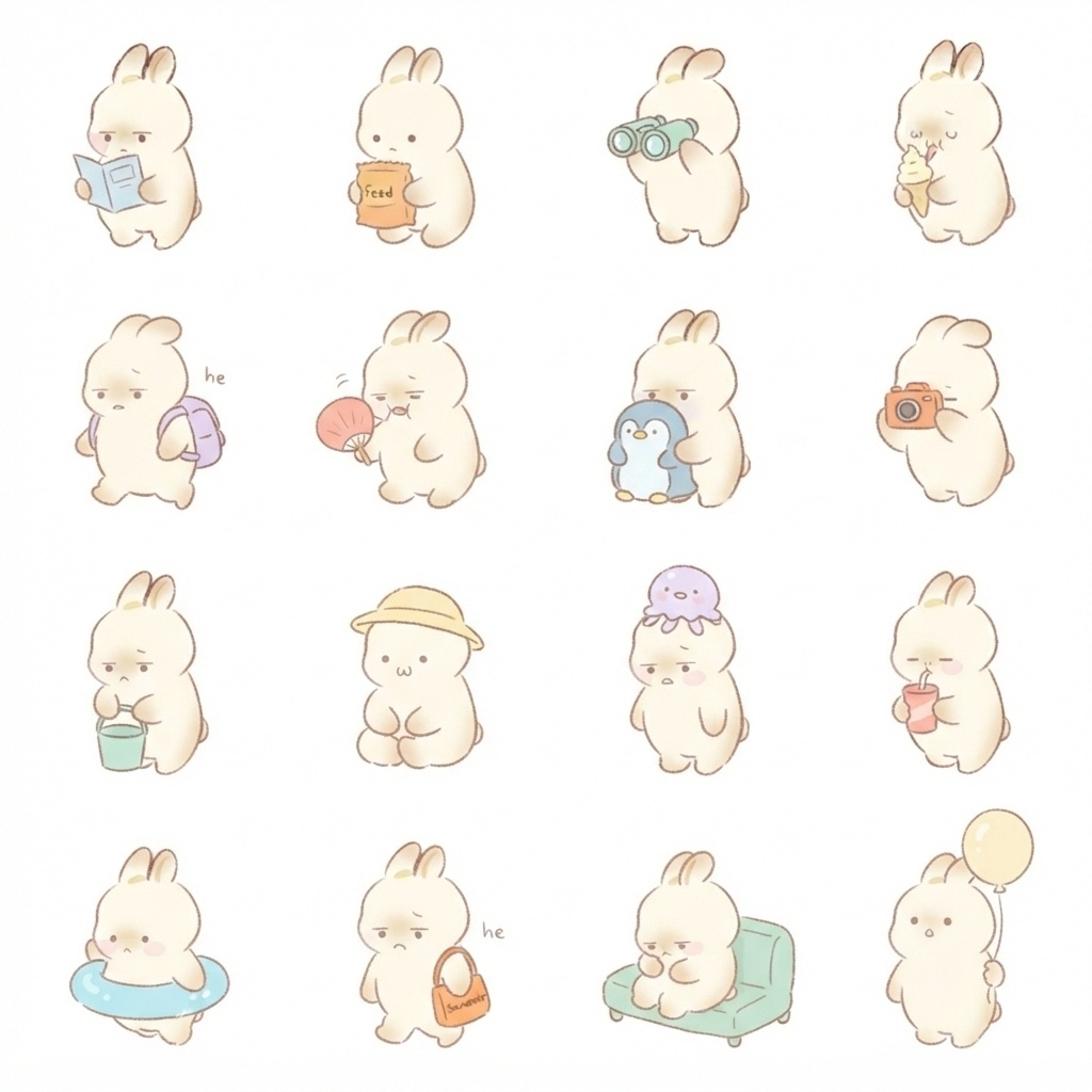 まんまるもふもふうさぎの動物園・水族館脱力ポーズ 絵文字・イラスト素材（16種グリッド）