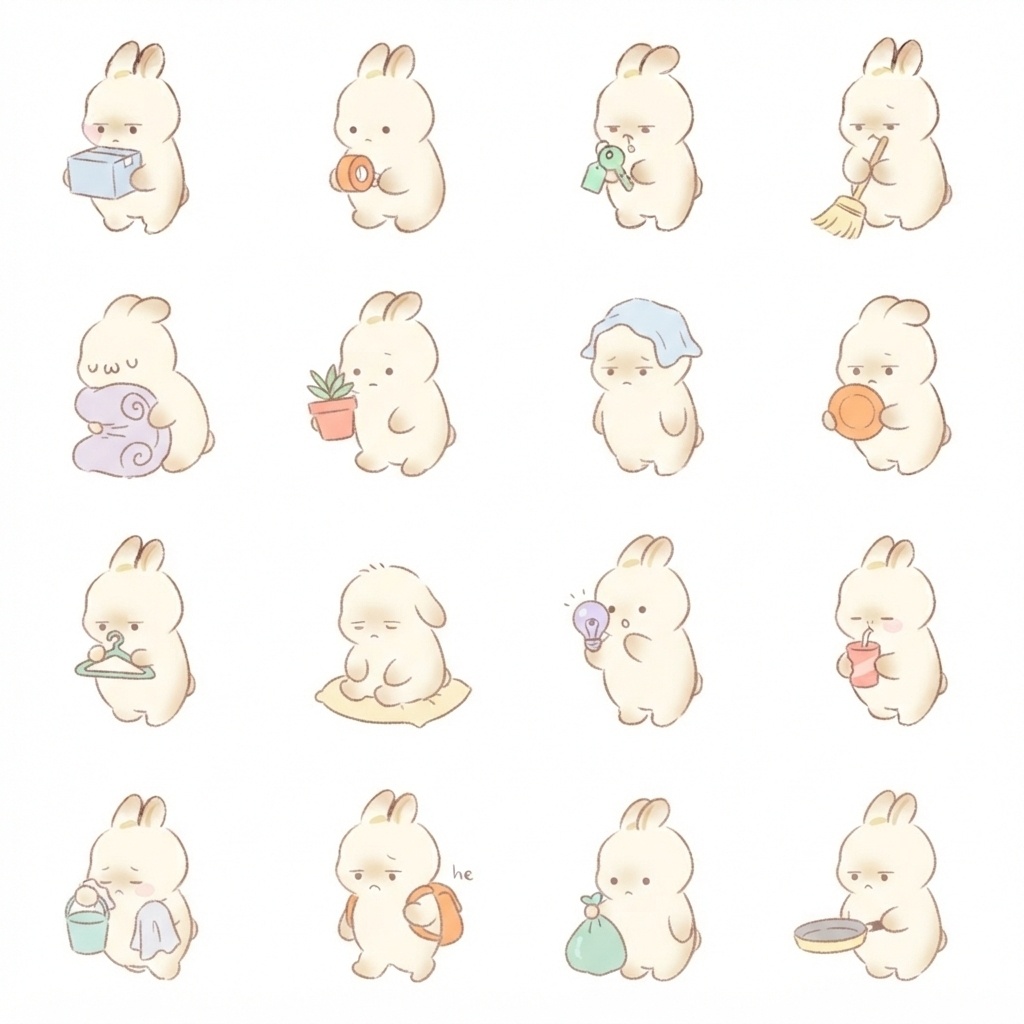 まんまるもふもふうさぎの引っ越し・新生活脱力ポーズ 絵文字・イラスト素材（16種グリッド）