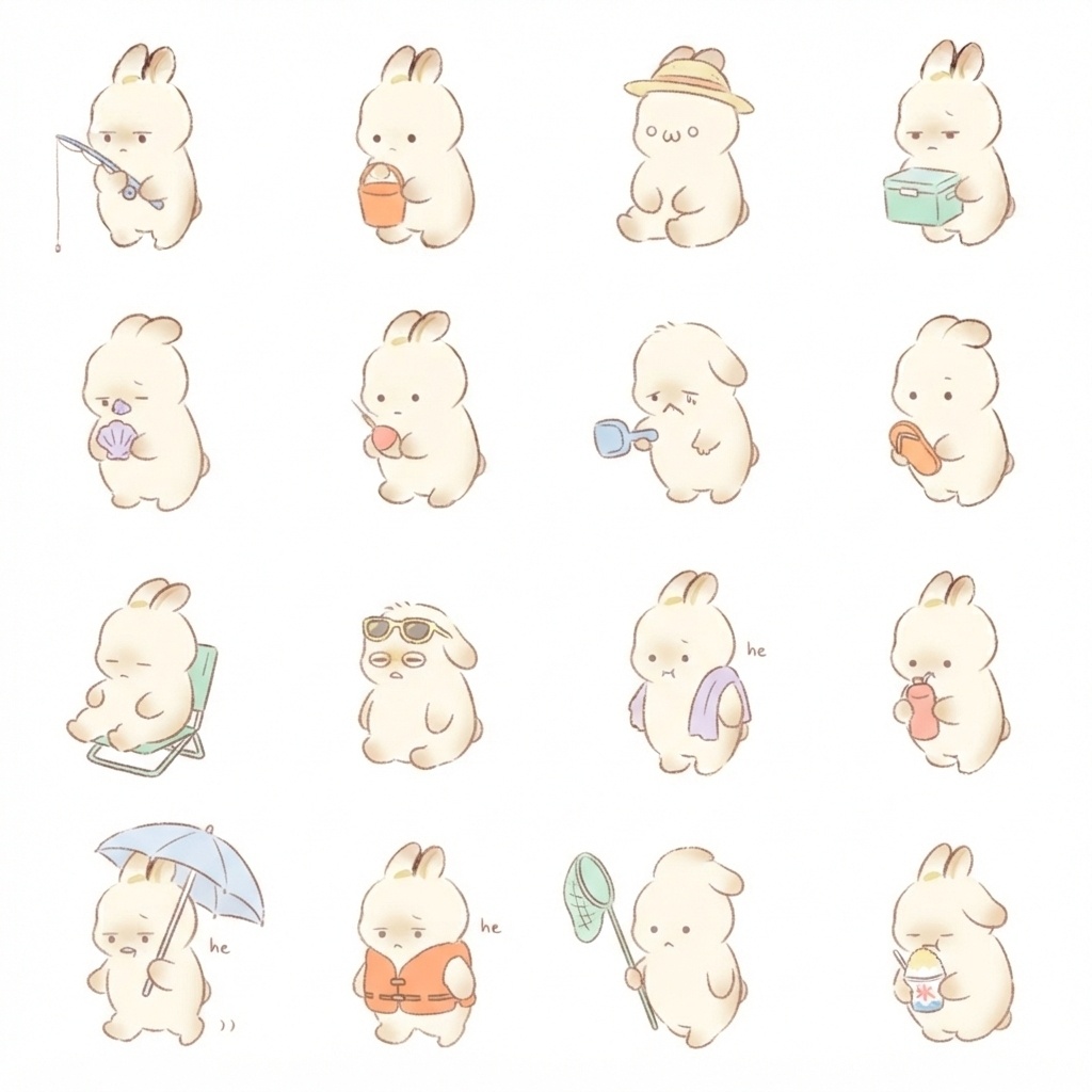 まんまるもふもふうさぎの釣り・海辺脱力ポーズ 絵文字・イラスト素材（16種グリッド）