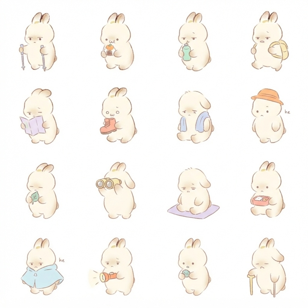 まんまるもふもふうさぎの山・ハイキング脱力ポーズ 絵文字・イラスト素材（16種グリッド）