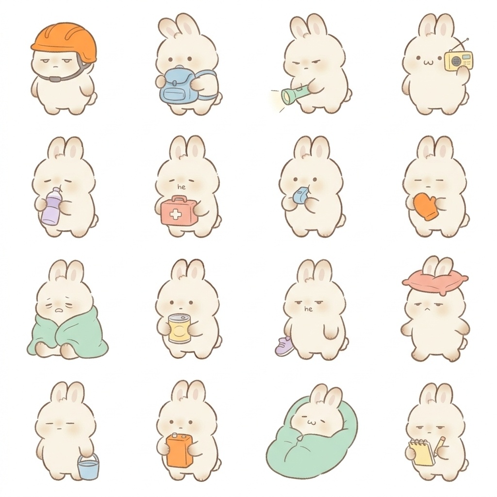 まんまるもふもふうさぎの防災・もしもの備え脱力ポーズ 絵文字・イラスト素材（16種グリッド）