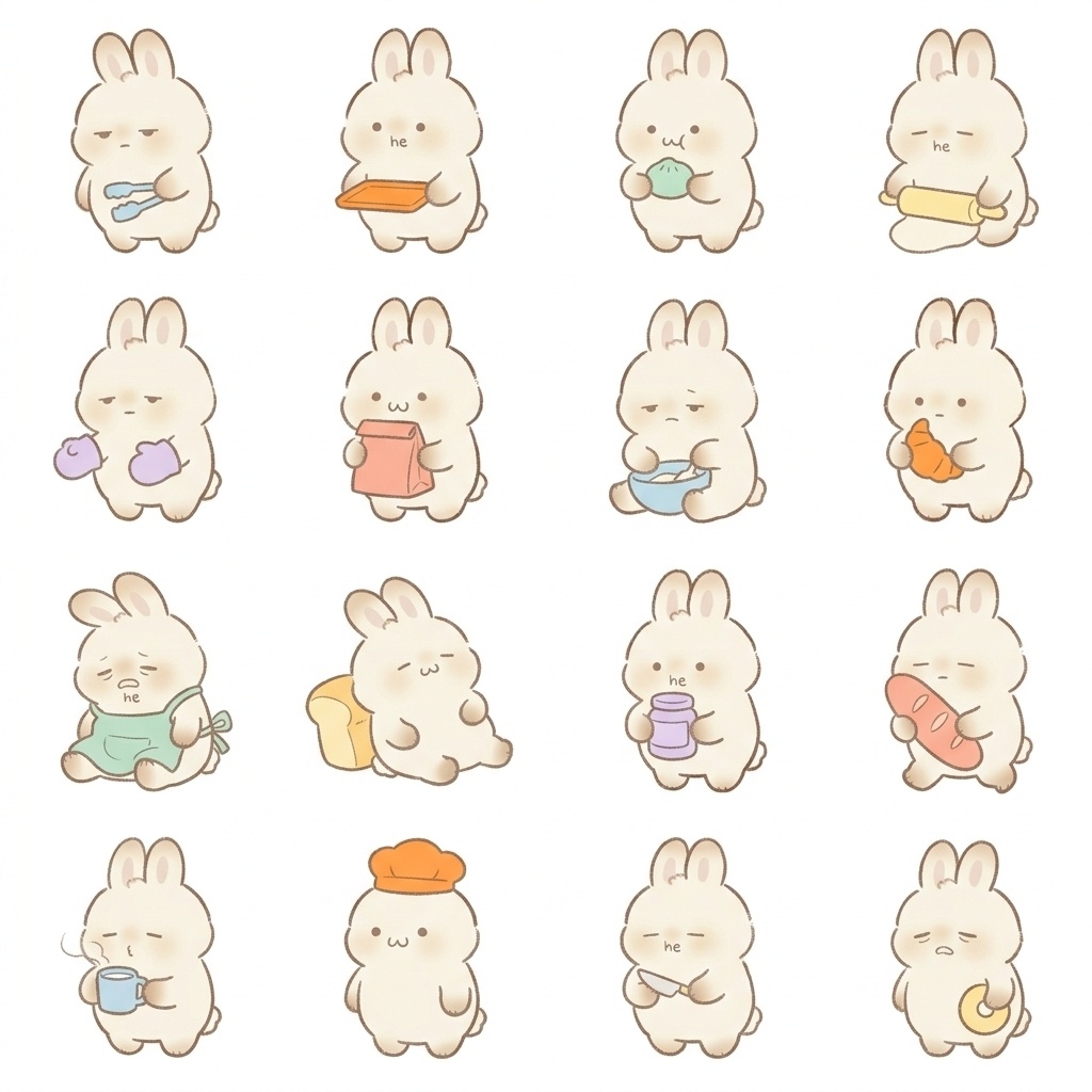 まんまるもふもふうさぎのパン屋・ベーカリー脱力ポーズ 絵文字・イラスト素材（16種グリッド）
