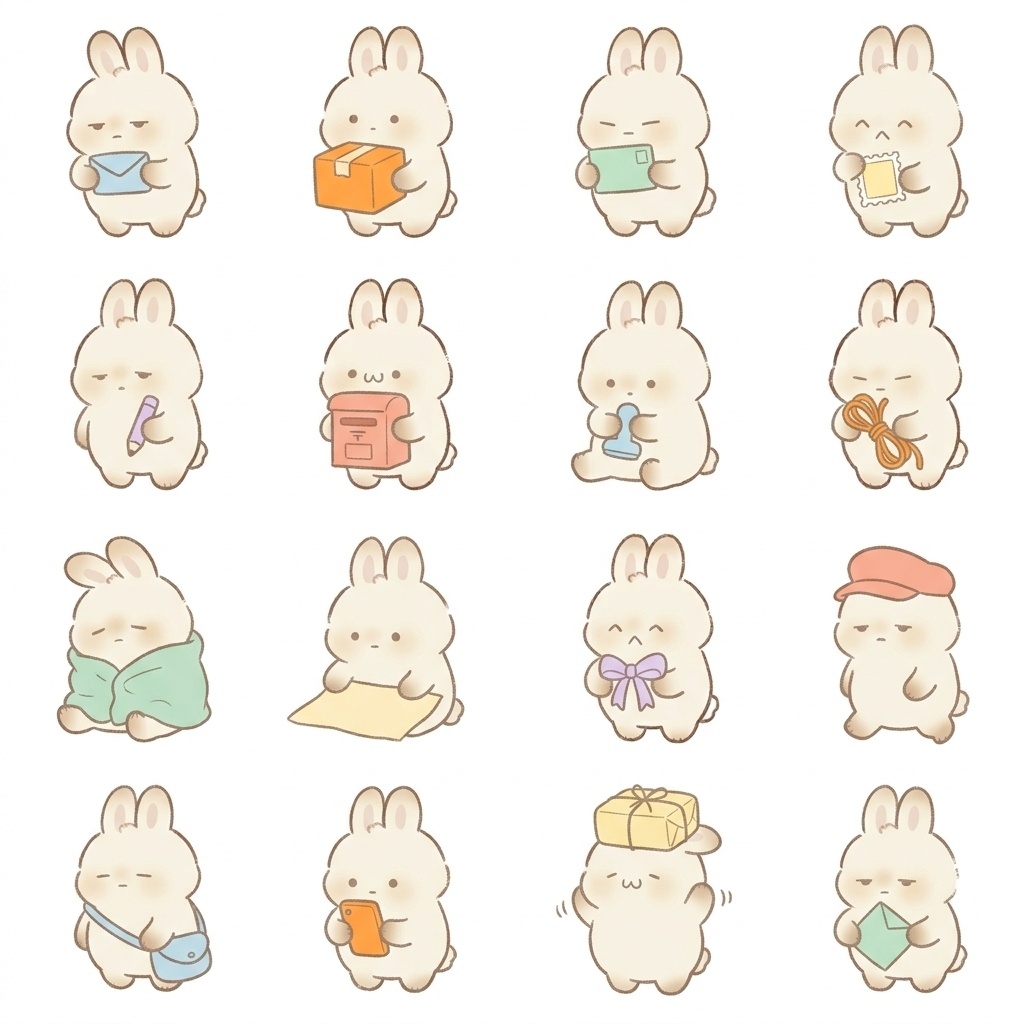 まんまるもふもふうさぎの手紙・お届けもの脱力ポーズ 絵文字・イラスト素材（16種グリッド）