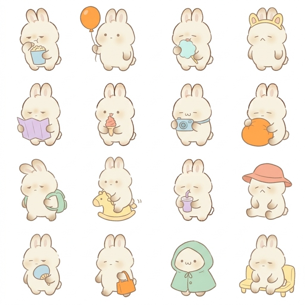 まんまるもふもふうさぎの遊園地・テーマパーク脱力ポーズ 絵文字・イラスト素材（16種グリッド）