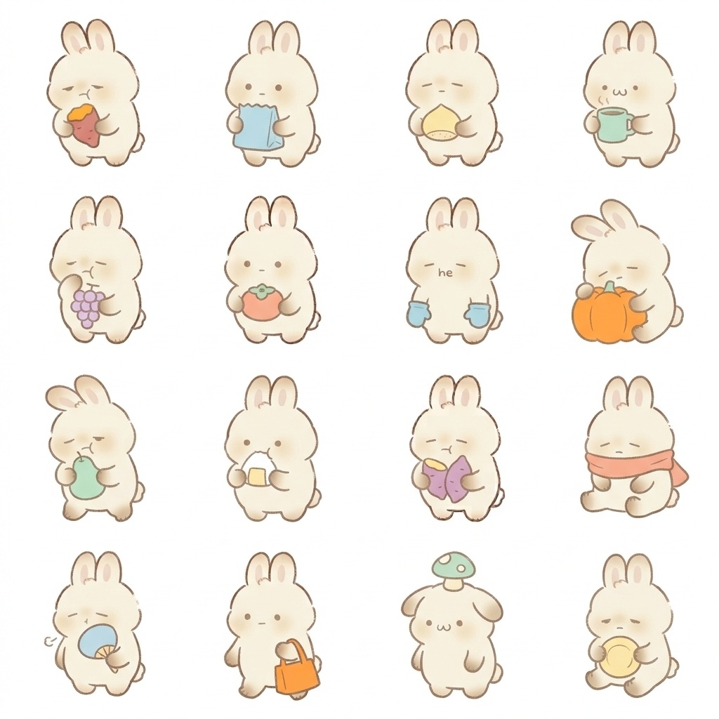 まんまるもふもふうさぎの焼き芋・秋の味覚脱力ポーズ 絵文字・イラスト素材（16種グリッド）