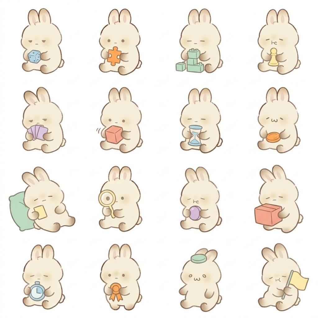 まんまるもふもふうさぎのボードゲーム・パズル脱力ポーズ 絵文字・イラスト素材（16種グリッド）