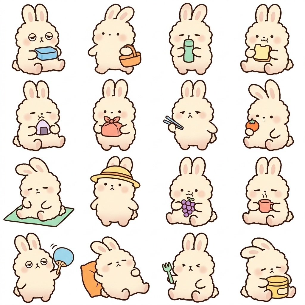【透過PNG/16種】お弁当・ピクニック脱力うさぎ素材セット
