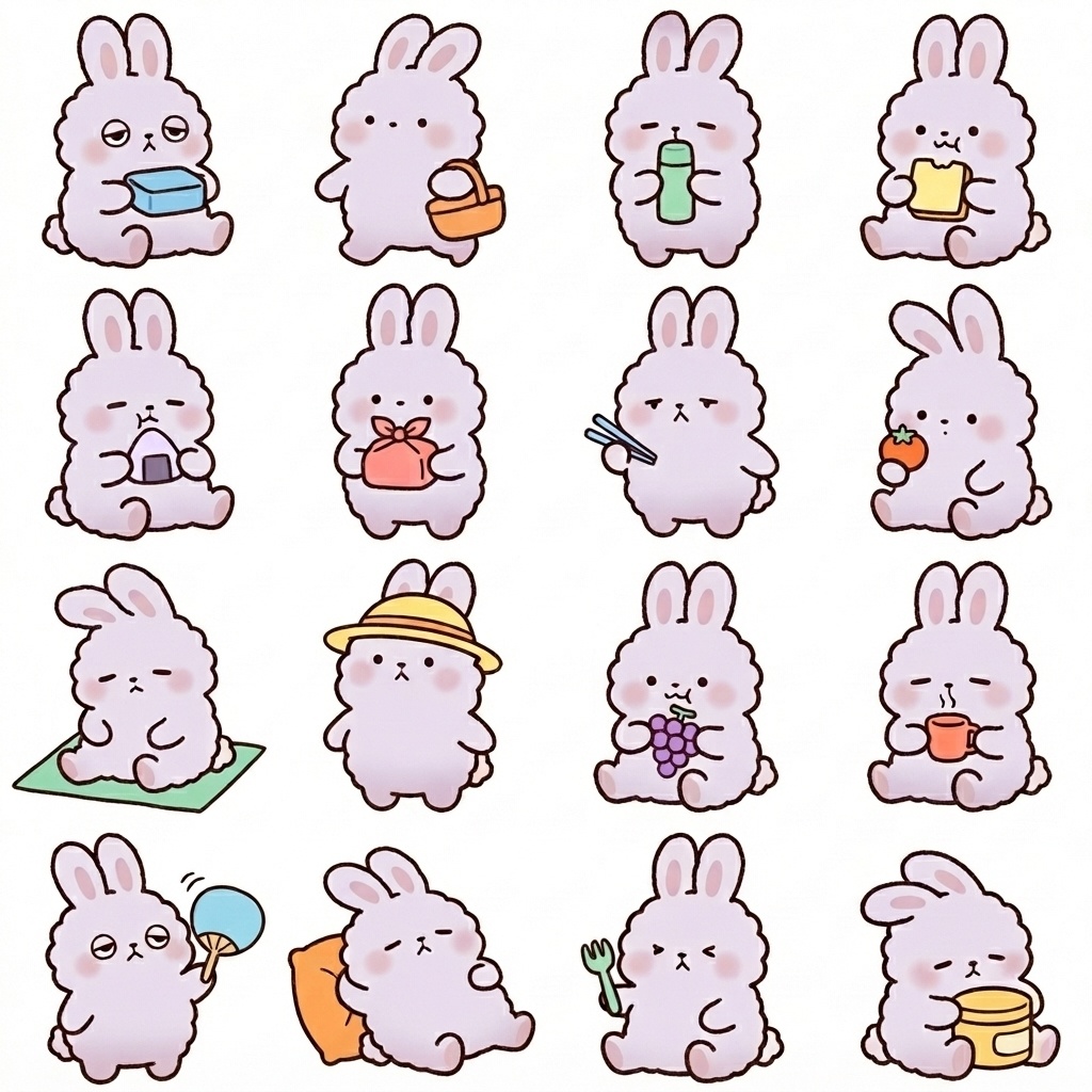 【背景透過PNG/16種】お弁当・ピクニック脱力うさぎ（パステルラベンダー）