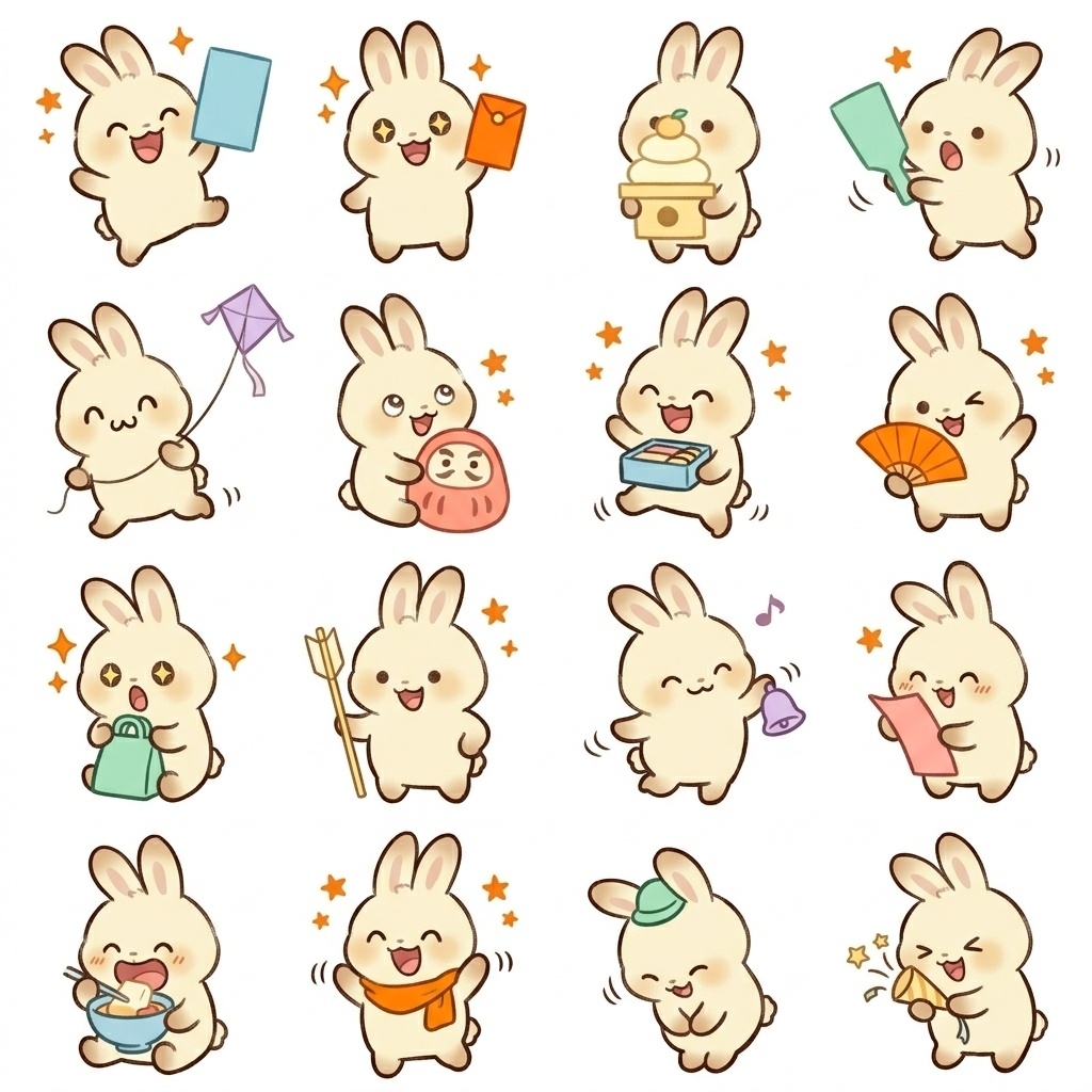 まんまるもふもふうさぎのあけおめ・お正月元気いっぱいポーズ 絵文字・イラスト素材(16種グリッド)