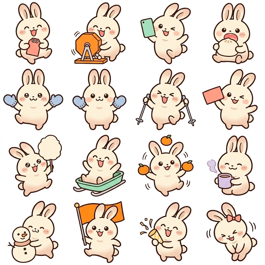まんまるもふもふうさぎのあけおめ・冬イベント元気いっぱいポーズ 絵文字・イラスト素材（16種グリッド）