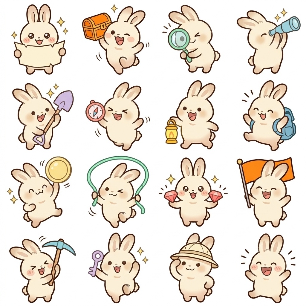 まんまるもふもふうさぎの探検・宝探し元気いっぱいポーズ 絵文字・イラスト素材（16種グリッド）