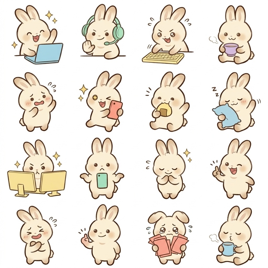 まんまるもふもふうさぎの在宅ワーク・ちょっと待ってポーズ 絵文字・イラスト素材（16種グリッド）