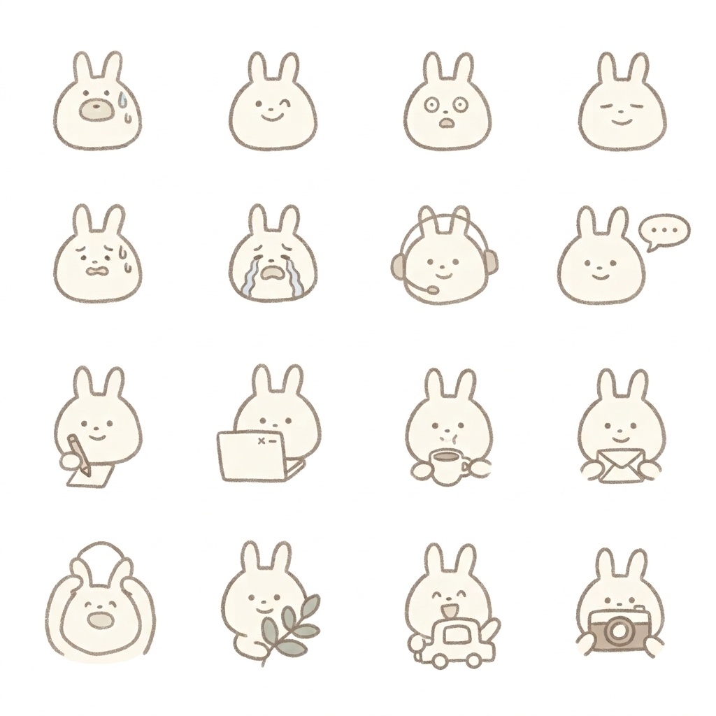 ゆるへろ手描きのうさぎ【在宅ワーク・お仕事】絵文字・イラスト素材（16種グリッド）